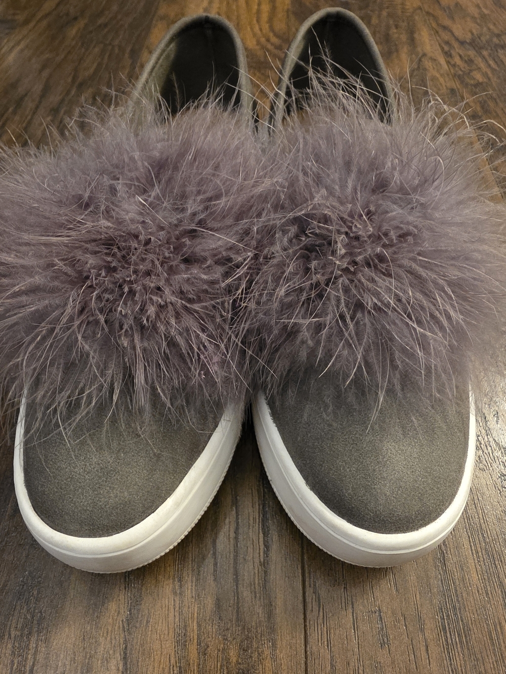 Soda Gray Suede Slip-On Mules with Purple Pom - Picture 4 of 6